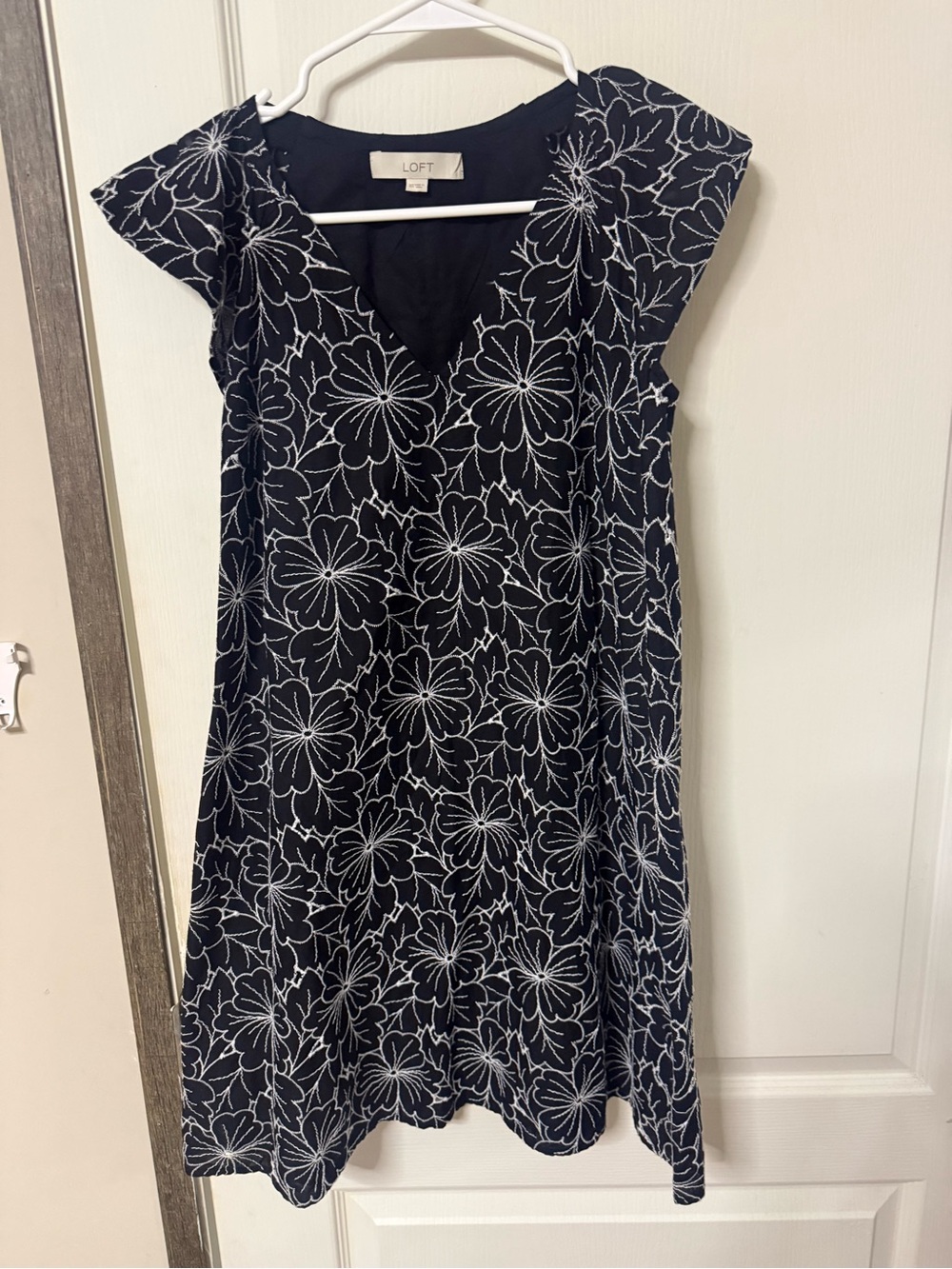 LOFT Black Midi Dress with White Floral Outline